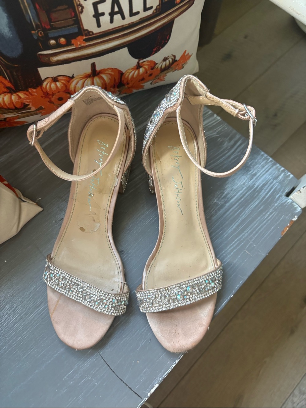 Embellished Blush Ankle-Strap Heels by (unspecified)